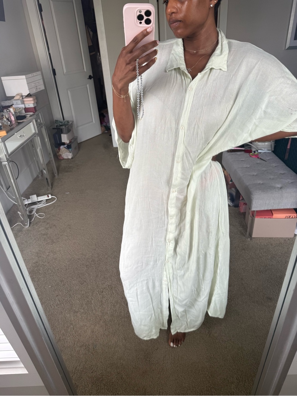 Light Mint Button-Front Maxi Shirt Cover-up Dress